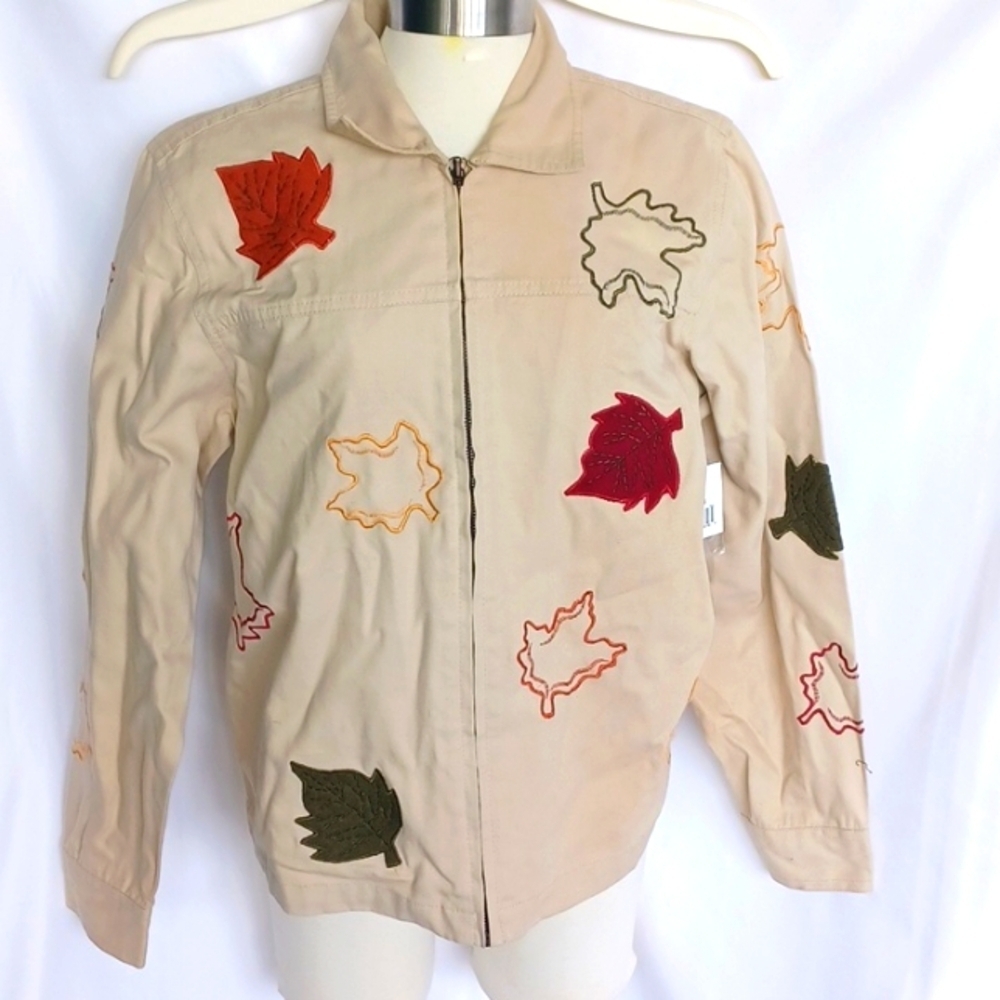 NorthCrest Cream Denim Embroidered Jacket, Fall Theme, 20" PTP, 23"L